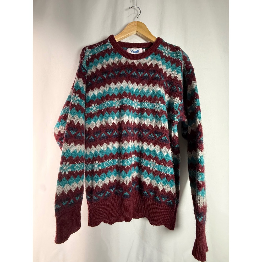 Bar Harbor Knits Mens Large VTG Wool Sweater Burgundy Teal USA